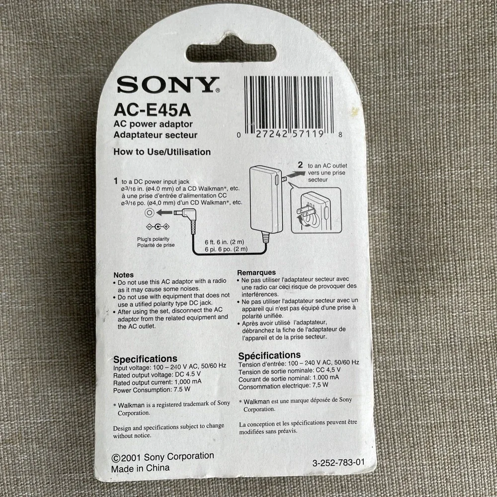 Sony AC-E45A Worldwide AC Power Adapter CD Walkman 4.5V Travel Slim Unopened